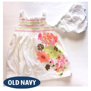 Old Navy Dress White Smocked Neon Floral + Bloomers 3-6 months NEW